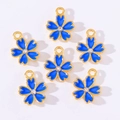 Set of six blue enamel flower pendants with gold edges and crystal centers for DIY jewelry - Royal Blue