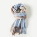 Morbida sciarpa in misto cashmere a quadri blu e beige con dettaglio nappe frange - 200x70cm / Blu Marrone