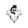 Detalle de un pin esmaltado de Halloween con un fantasma blanco y un gato negro con ojos amarillos - Fantasma Gato Negro (QHXZ463)