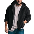 Men's thick black fleece hooded jacket with full zip and warm polar fleece texture - S / Tops / Black