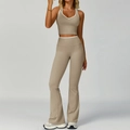 Set yoga kaki da donna con top corto a contrasto e leggings sportivi svasati - Taglia S / Top E Pantaloni / Gilet + Pantaloni a Zampa / Lino