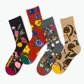 Set of four pairs of cotton socks featuring colorful vintage floral and bird prints - One Size / Squirrel and Nature Plants Collection