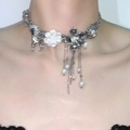 Close-up of Y2K star necklace featuring white 3D flowers, pearls, and tassel chains - Pearl Tassel Necklace X3806