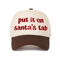 Close-up of red 3D embroidery showing Put It on Santa's Tab text on baseball cap - Cream/Coffee