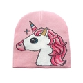 Detailansicht der rosa Strickmütze für Babys mit buntem Einhorn-Jacquard-Muster - M(48-52cm) / Rosa