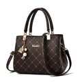 Deep brown KLOY monogram tote bag with floral patterns, top handle and pearl pendant - Dark Maple & Natural