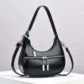 Chic black crescent hobo shoulder bag with glossy textured leather and silver chain - Black