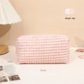 Pink checkered plush makeup bag with 19.5cm length and soft waffle texture design - Pink/Rectangle/X-208