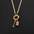 14K gold plated stainless steel tennis necklace with pink crystal and heart key charms - Letter I