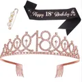 Rose gold 18th birthday set with crystal crown, black glitter sash and pearl pin - 18 Years Old Rose Gold (Tiara And Black Sash And Pin)