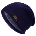 Primer plano del gorro de punto azul marino con forro polar gris y parche de cuero - L (58-60cm) / Azul marino