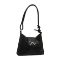 Minimalist black leather underarm bag featuring a stylish silver bow metal buckle - Black