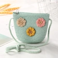 Mini light green woven straw bucket bag for girls with floral accents and crossbody strap - Button 3 Flowers / Green