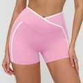 Rosa Yoga-Shorts mit hoher Taille, weißem Kreuzbund und seitlichen Paspeln - S / Kirschblütenrosa