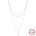 Three-layer S925 sterling silver beaded chain necklace with minimalist cross pendant - White Gold