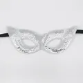 Elegant silver sequin eye mask for Mardi Gras with black satin ties and winged design - Sequin Mask Style D-Silver