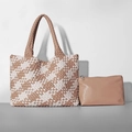 Fashionable beige checkered woven tote bag and matching pouch set for beach and daily use - Apricot and White Patchwork