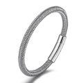 Minimalist silver braided stainless steel bracelet with a smooth cylindrical magnetic clasp - Stainless Steel Mesh Woven/Silver Magnetic Clasp / Silver