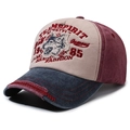 Vintage baseball cap with wolf embroidery, khaki and burgundy panels with denim brim - Navy Blue Brim