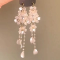 Detail of pink floral tassel earrings with pearls and long dangling floral components - Gold Flower (23#)