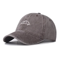 Dettaglio del cappellino grigio vintage lavato con ricamo montagna e memory - Regolabile / caffè