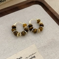 Vintage 18k gold plated hoop earrings featuring tiger eye stones and textured metal beads - 25# Ear Buckle-Gold-Brown-Gold Plated