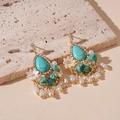 Macro detail of vintage floral drop earrings with turquoise, pearls and crystals on stone - 925 Sterling Silver Earring Post - Blue Flower Water Drop Tassel Earrings