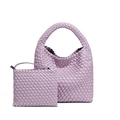 Lavender woven tote bag set with matching pouch and top handle in premium leather style - Taro Purple