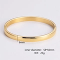 Detailed view of a 6mm wide gold polished oval bangle with hinge closure and measurements - Women's Gold