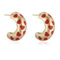 Golden C-shaped hoop earrings with vibrant red enamel heart graffiti pattern - Red