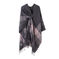 Pink and dark grey plaid poncho cape with fringe detail and twisted front design - Tassel Gray