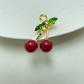 Cute cherry brooch with red resin fruit and golden leaves on a white ceramic plate - Style 11 Green Leaf Red Cherry
