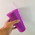 Sparkling purple rhinestone double-wall tumbler with straw for iced coffee tea - 601-700ml / Dark Violet
