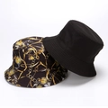 Reversible bucket hat set in solid black and gold chain pattern embroidery - Black and Gold Chain