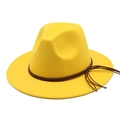 Detail of yellow wool fedora hat featuring a brown braided leather band and tassel - M (56-58cm) / Yellow