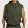 Men's olive green sleeveless hoodie featuring vintage washed floral texture and drawstring - Green
