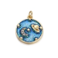 Golden round pendant with blue glitter enamel featuring crescent moon and Saturn motif - YSN006-2 Round Blue Glitter Moon Planet Pendant