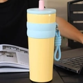Yellow and blue stainless steel insulated travel mug with a portable carry strap - Yellow No Pendant