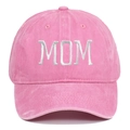 Close-up of white MOM embroidery on pink washed cotton baseball cap with fabric texture - Adjustable / Pink MOM