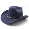 Detail eines blauen Wildleder-Cowboyhuts mit dreifarbigem Flechtband und Metallniete - M (56-58cm) / Marineblau