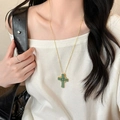 Golden chain necklace featuring a vintage green textured cross pendant with floral border - 57# Gold Frosted Cross
