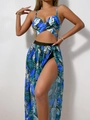 Three-piece bikini set with tropical leaf print and matching mesh sarong beach skirt - S / Blue