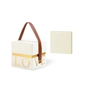 Elegant cream jewelry gift box with gold LOVE foil and brown leather handle strap - Milk White Box + LOVE Gift Bag