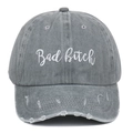 Vintage gray washed cotton baseball cap with Bad Bitch embroidery and distressed details - Distressed Grey