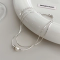 Minimale 925 Silber Doppel-Halskette mit weißer Perle und polierter Silberkugel - Doppellagige Perle & Metallperle (xl2303082)