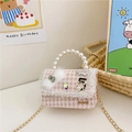 Pink houndstooth tweed girl's mini handbag with pearl handle and jewelry accents - Pink