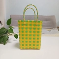 Handmade woven bucket bag with yellow and green color blocking and transparent handles - Large / Yellow-Green