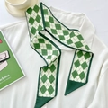 Elegant green and white argyle pattern long silk scarf tied on a white dress shirt - Dashed Diamond Grid