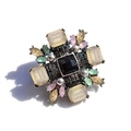 Vintage geometric brooch with black square stone, colorful gems, and pearls - Small / Champagne