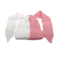 Detailed close-up of pink and white patchwork knit hat with long rabbit ears decoration - M / Black + Pink